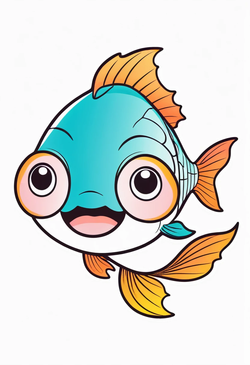 happy colored fish, kawaii style, outline, vector, white background