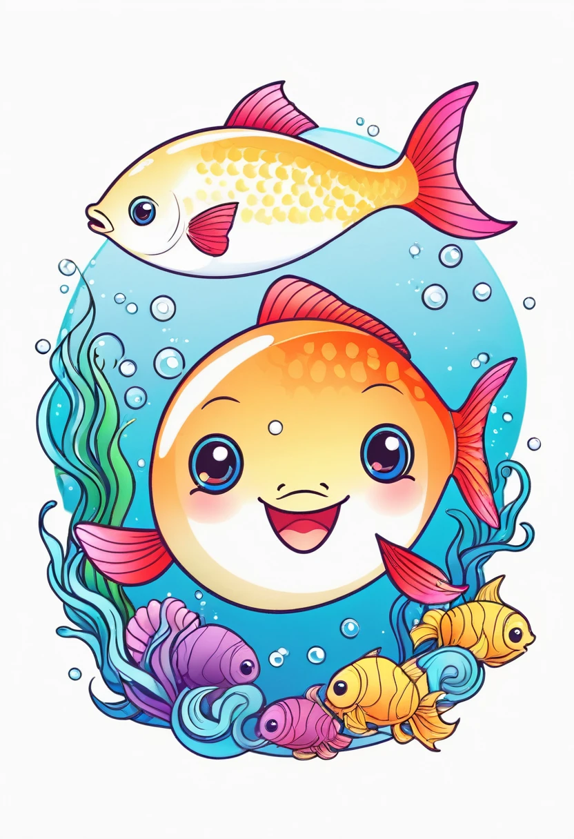 happy colored fish, kawaii style, outline, vector, white background