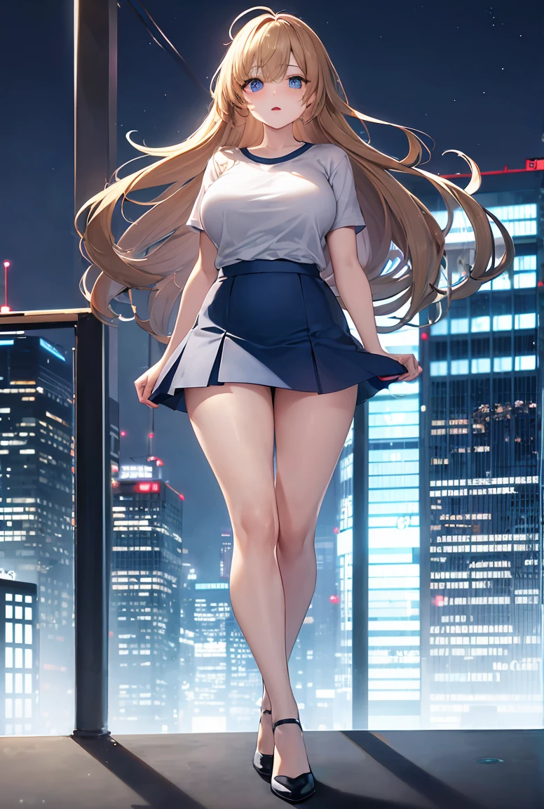 ((Best quality, 8K, masterpiece:1.3)), Anime girl, full body, very large breasts:1.6, large butt:1.4, wide hips:1.3, narrow waist:1.2, slender long legs, long wavy light brown hair:1.2, large expressive blue eyes:1.2, long eyelashes, navy blue mini skirt:1. 2, tight white t-shirt, standing against a night city background, bright neon lights:1.3, modern buildings, street with people, highly detailed skin and facial texture, detailed eyes, view of night city from a rooftop:1.3, moon in the sky, windy night, slightly dishevelled hair.