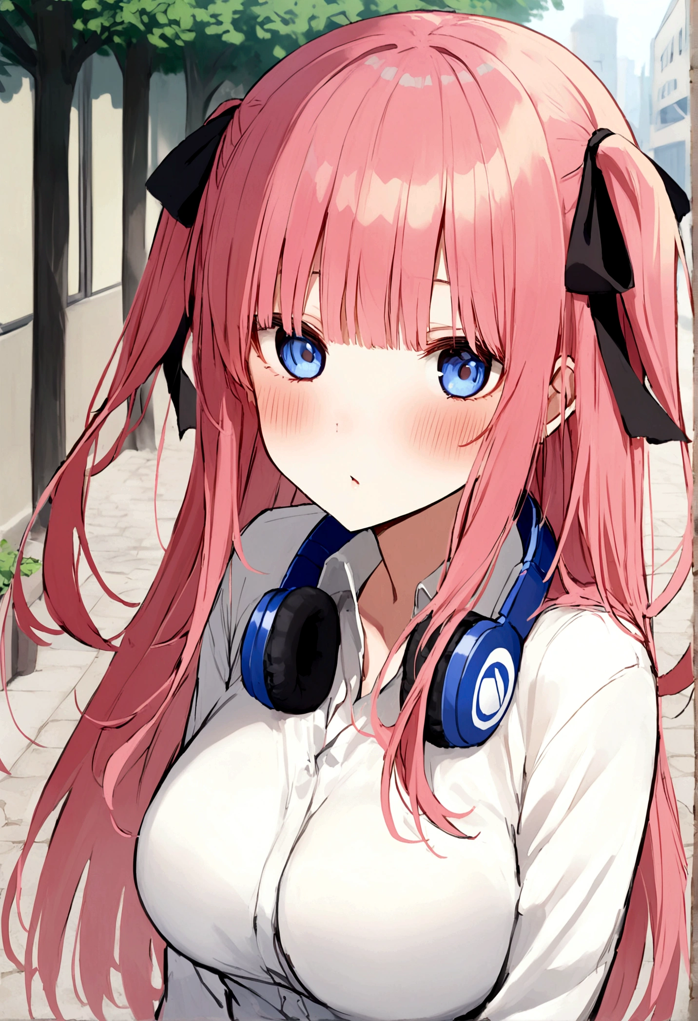 「nakano nino(go-toubun no hanayome), pink hair, long hair, two side up, blunt bangs, hime_cut, blue eyes, hair ribbon, two black ribbons on the side of the head, large breasts,public indecency,, {{{tsundere}}}, in heat」
