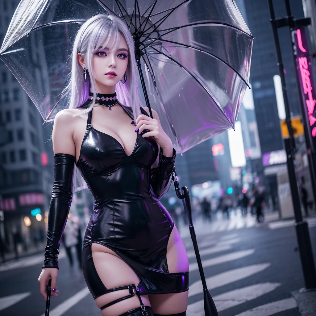 Alone woman Silver hair color Purple Eyes elegant choker Earrings Gothic ta Wet day Holding an umbrella Detailed Background masterpiece Curvy body Accurate human body Accurate 5-finger High contrast 4K Exquisite lighting and shadows Cinema Lens Effects Vibrant colors Cyberpunk City