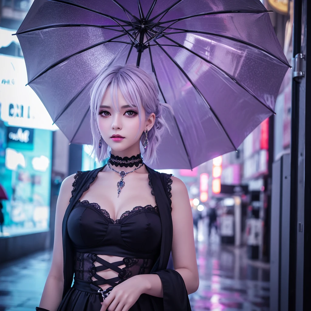 Alone　woman　Silver hair color　Purple Eyes　elegant　choker　Earrings　Gothic Lolita　Wet day　Holding an umbrella　Detailed Background　masterpiece　Curvy body Accurate human body Accurate 5-finger High contrast　4K Exquisite lighting and shadows　Cinema Lens Effects　Vibrant colors　Cyberpunk City
