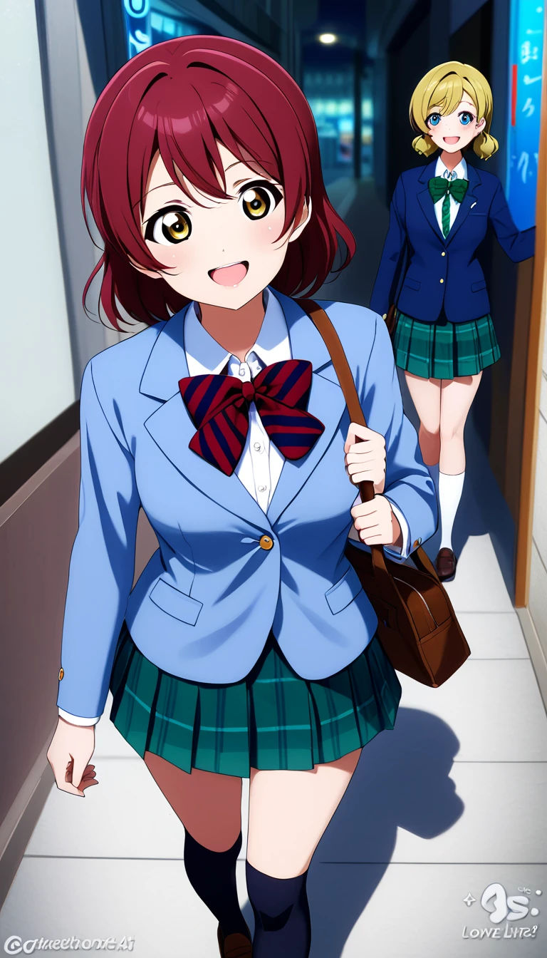 2girls,Two anime girls,love live! ,wearing otonokizaka ,winter uniforms, navy blue blazer,red striped bow tie, blue striped pleated skirt,knee socks ,loafer, smile,walking, talking,in akihabara,from above,cowboy shot BREAK score_9, score_8_up, score_7_up, score_6_up, source_anime 