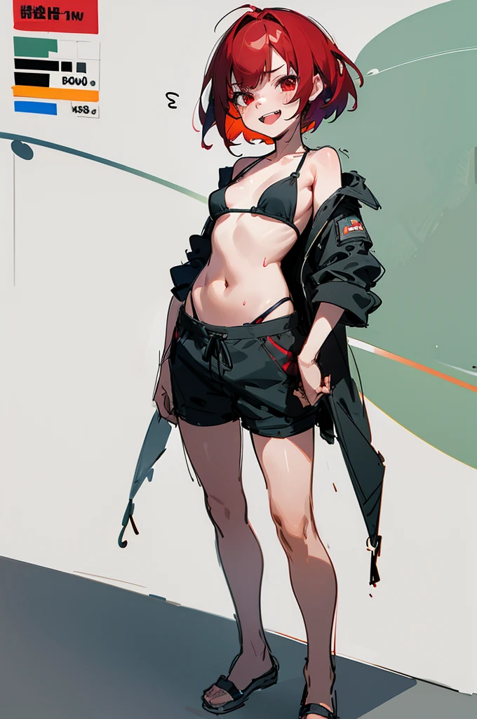 1girl, rolling eyes, grin, drool, solo, smile, tongue out, open mouth, small ??????, red hair, red eyes, full body, out of breath, ???????????, short hair, much saliva, wet body, licking, multiple views, pencil sketch, (sketch:1.25), (little girl,small ???????,), ((no shoes)), shy, best quality, graphite \\(medium\\), green ??????, gradient, rainbow, note, Line draft, highres, absurdres, (ultra-detailed:1.1), (illustration:1.1), (infographic:1.2), pajamas, (all clothes configuration:1.15), (solo), perfectly drawn hands, standing, cohesive background, paper, action, (character design:1.1), beltbra, corin, 1girl,