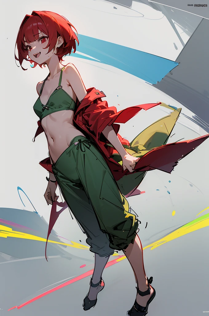 1girl, rolling eyes, grin, drool, solo, smile, tongue out, open mouth, small bikini, red hair, red eyes, full body, out of breath, big breasts, short hair, much saliva, wet body, licking, multiple views, pencil sketch, (sketch:1.25), (little girl,small breasts,), ((no shoes)), shy, best quality, graphite \\(medium\\), green bikini, gradient, rainbow, note, Line draft, highres, absurdres, (ultra-detailed:1.1), (illustration:1.1), (infographic:1.2), pajamas, (all clothes configuration:1.15), (solo), perfectly drawn hands, standing, cohesive background, paper, action, (character design:1.1), beltbra, corin, 1girl,