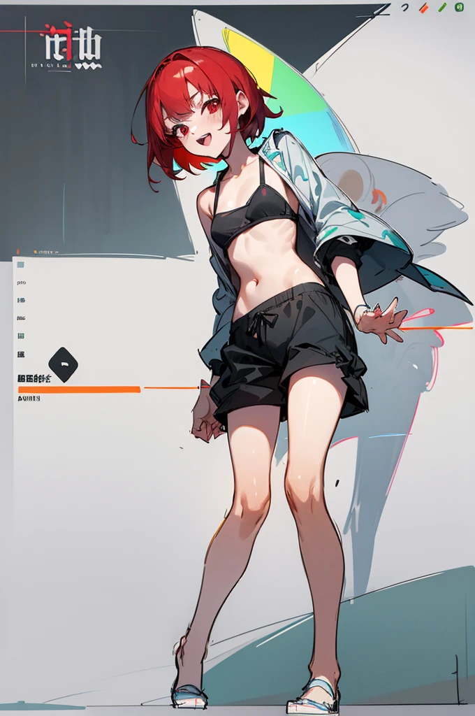 1girl, rolling eyes, grin, drool, solo, smile, tongue out, open mouth, small bikini, red hair, red eyes, full body, out of breath, big breasts, short hair, much saliva, wet body, licking, multiple views, pencil sketch, (sketch:1.25), (little girl,small breasts,), ((no shoes)), shy, best quality, graphite \\(medium\\), green bikini, gradient, rainbow, note, Line draft, highres, absurdres, (ultra-detailed:1.1), (illustration:1.1), (infographic:1.2), pajamas, (all clothes configuration:1.15), (solo), perfectly drawn hands, standing, cohesive background, paper, action, (character design:1.1), beltbra, corin, 1girl,