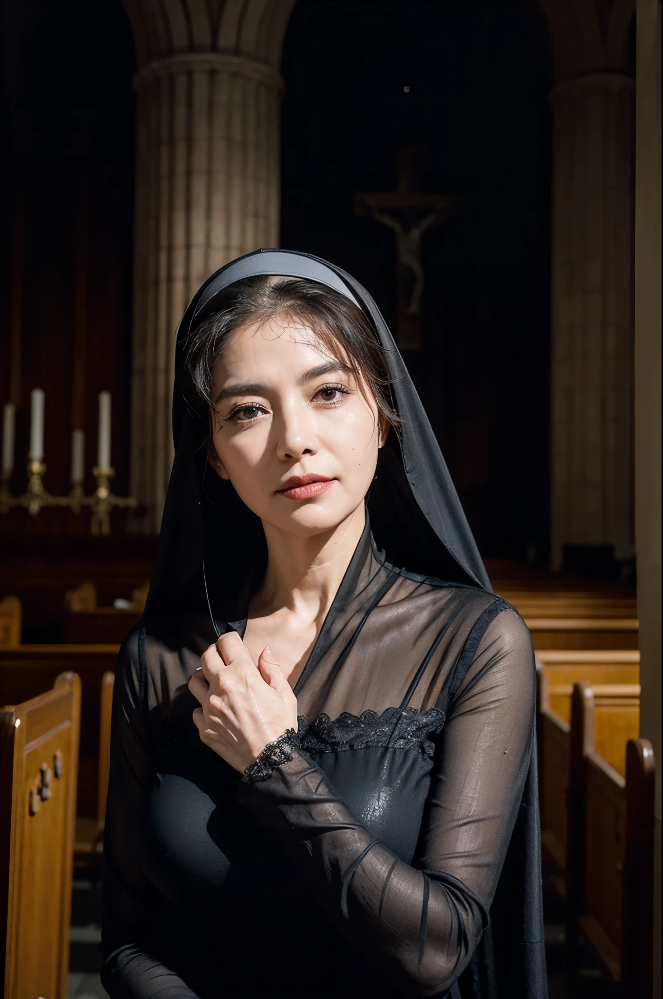 (masterpiece:1.4), (62-year-old woman:1.5),(Facial wrinkles : 1.2), (smirking : 1.2), (seductive : 1.1),(sexy :1.1), (body shape is visible : 1.2), pores, dull skin, skin blemishes, motherly mature woman, (long beautiful hair : 1), large saggy breasts, (dressed as a catholic nun), (black and white clothes), (sheer dress : 1.25), (partially see-through dress : 0.8), lace fabric, detailed backgrounds, (gloomy church), (dim atmosphere), rosary, cross, dark lighting