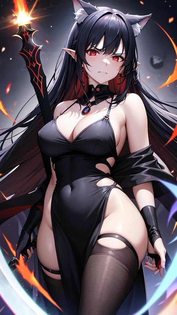 An adult woman, half wolf, black hole design hair, black ears, shining red eyes, wearing a black and blue dress, very angry, wide breasts, holding a sword