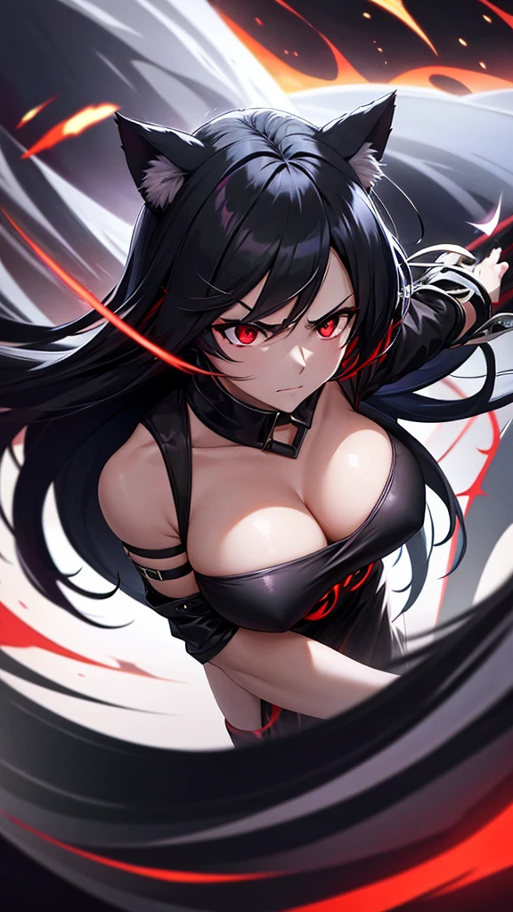 An adult woman, half wolf, black hole design hair, black ears, shining red eyes, wearing a black and blue dress, very angry, wide ???????, holding a sword