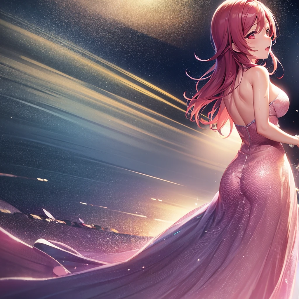 love live! school idol project,love live!,nishikino maki, love live! style, gradient, look up, singing, wet, large breasts, dress, Silver pink gradient disheveled, perfect shadow, extremely detailed CG unity 8k wallpaper, Very detailed CG unified 8k wallpaper, extremely detailed CG unity wallpaper,