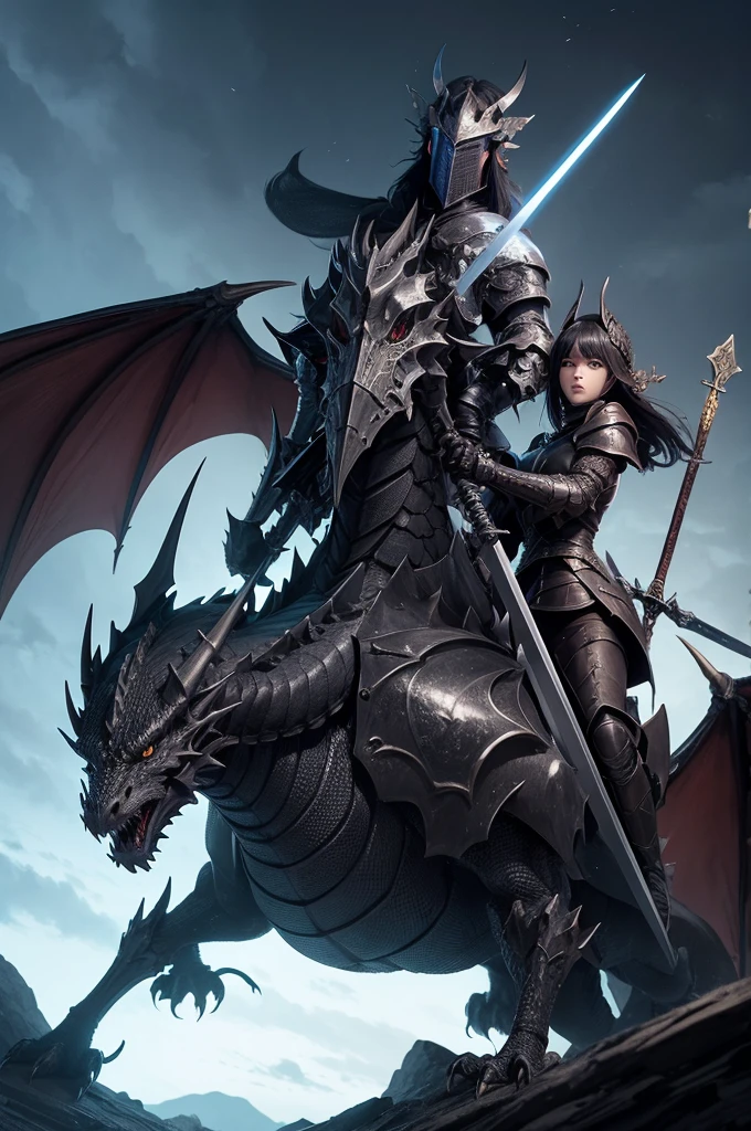 Draw a two-headed dragon fighting a holy knight with a black sword