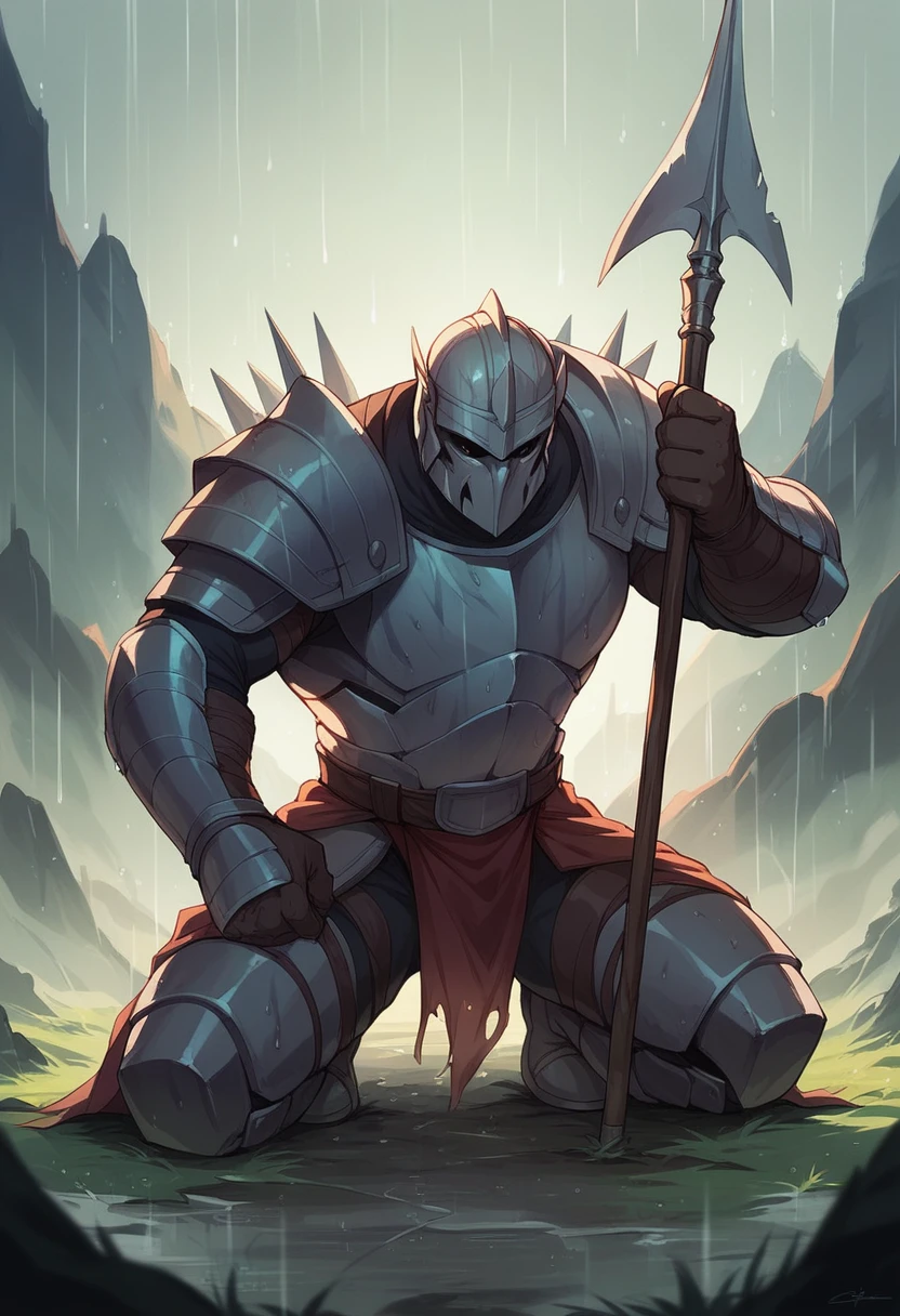King Xerxes defeated on the ground in the rain and surrounding him are Spartan warriors with spears watching Xerxes' misery