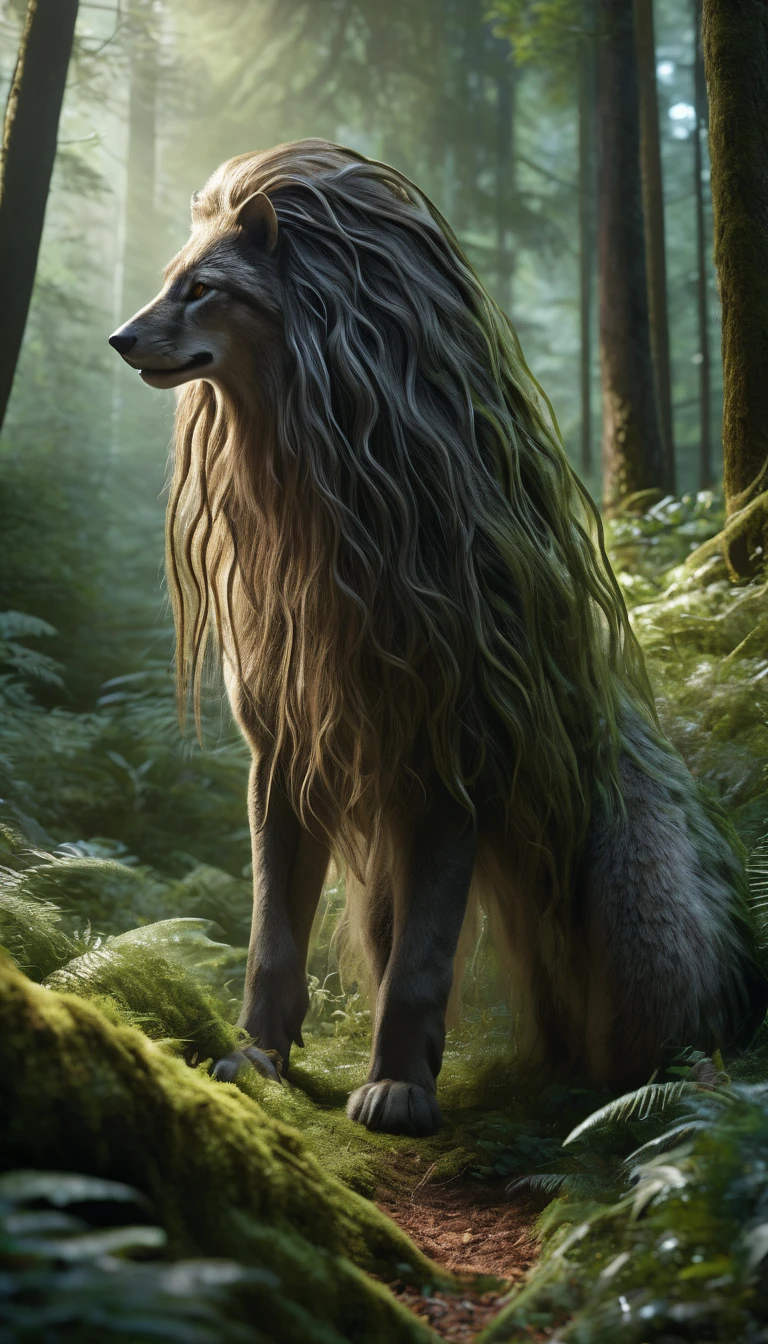 Panorama,There is a creature in the forest,Human-like appearance,Covered with long hair(best quality,4K,8K,High level,masterpiece:1.2),Ultra Detailed,(lifelike,Photo real,Photo real:1.37),Highly detailed animals,Complex patterns,Realistic lighting,Fantasy Creatures