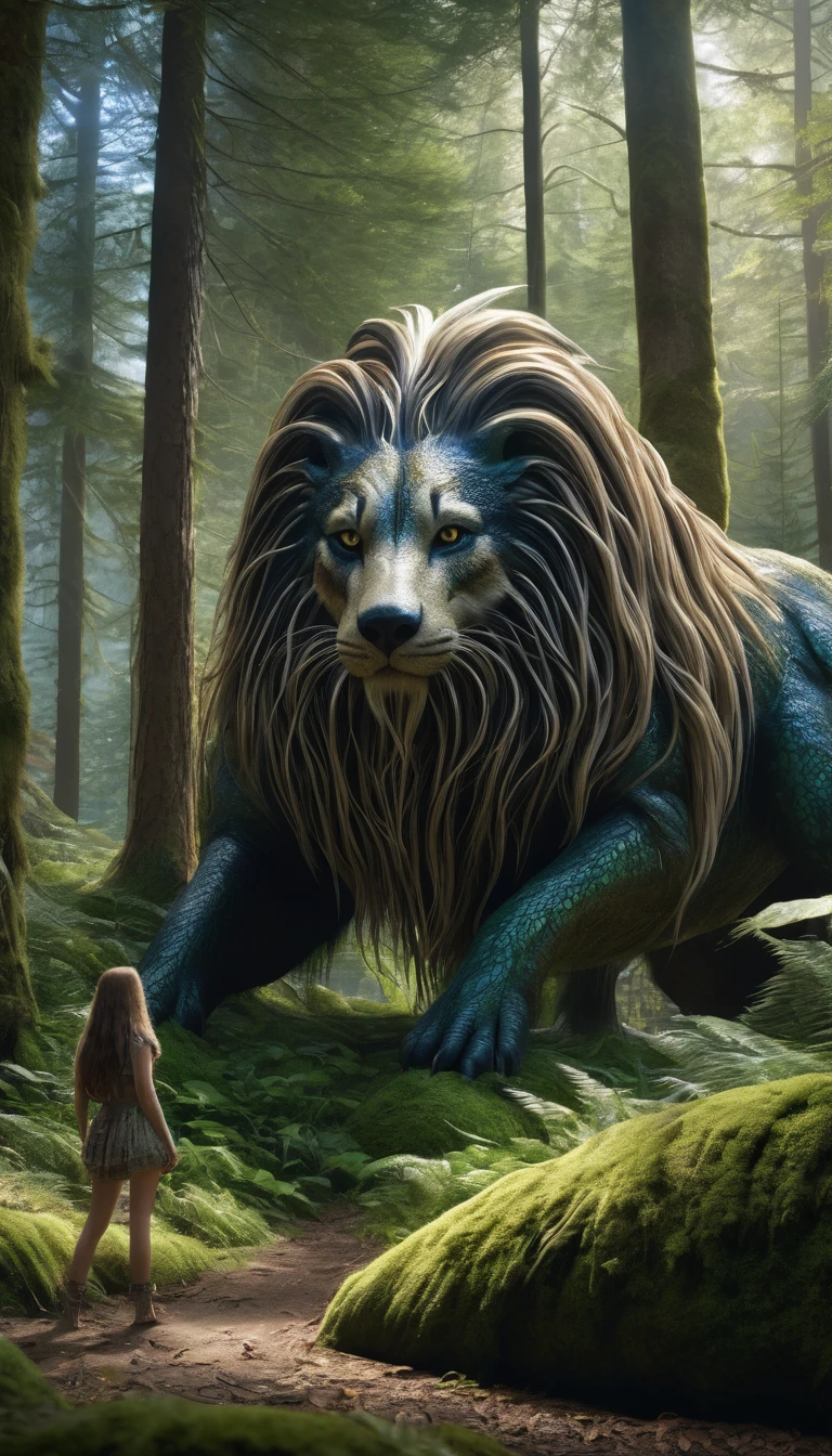 Panorama,There is a creature in the forest,Human-like appearance,Covered with long hair(best quality,4K,8K,High level,masterpiece:1.2),Ultra Detailed,(lifelike,Photo real,Photo real:1.37),Highly detailed animals,Complex patterns,Realistic lighting,Fantasy Creatures