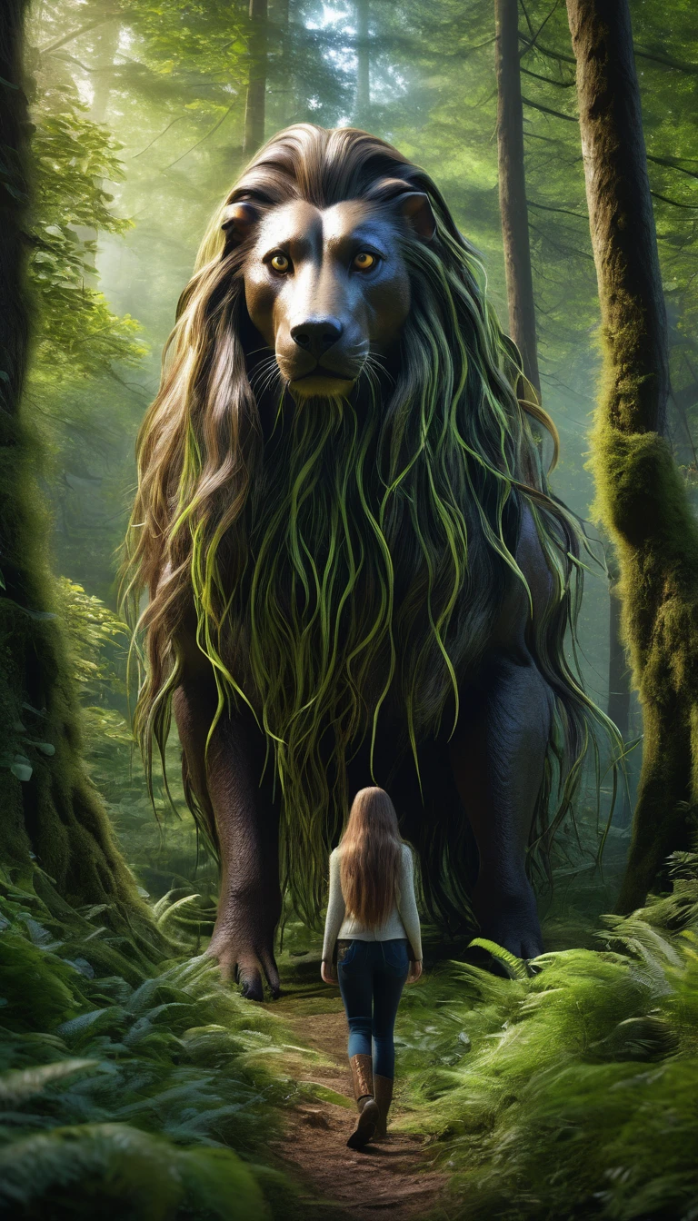 Panorama，There is a creature in the forest，Human-like appearance，Covered with long hair（best quality，4K，8K，High level，masterpiece：1.2），Ultra Detailed，（lifelike，Photo real，Photo real：1.37），Highly detailed animals，Complex patterns，Realistic lighting，Fantasy Creatures