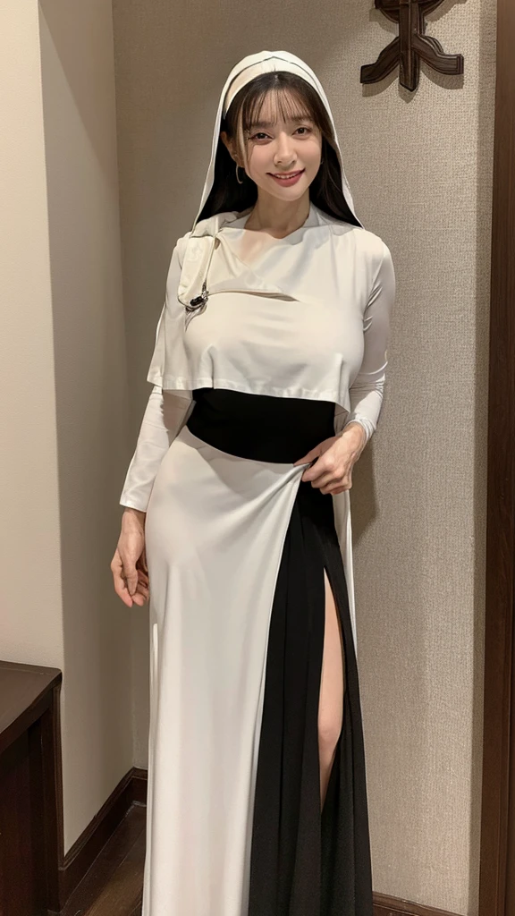 (masterpiece:1.4), (58-year-old woman:1.5),(Facial wrinkles : 1.2), Grin, (Pale skin), mole, pores, Dullness, Skin blemishes, Motherhood Mature Woman, (Long, beautiful hair), Large saggy breasts, (Dressed as a Catholic nun), (High slit long skirt : 1.1), (Black and white outfit), (Show off your plump legs : 1), Detailed Background, church, Sacred atmosphere, Rosary, cross