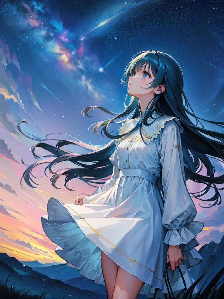 a beautiful woman, looking up at the sky, long hair, wearing a knee-length dress, fluttering in the breeze, before dawn, starry skies, The Big Dipper shines, spectacular views