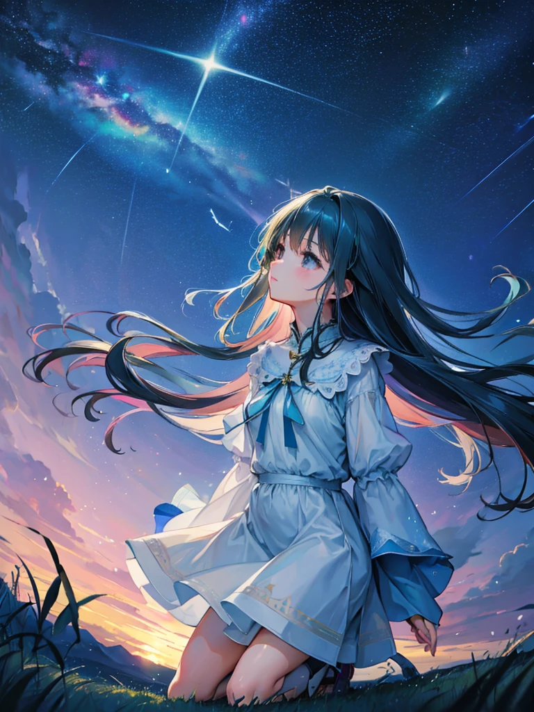 a beautiful woman, looking up at the sky, long hair, wearing a knee-length dress, fluttering in the breeze, before dawn, starry skies, The Big Dipper shines, spectacular views