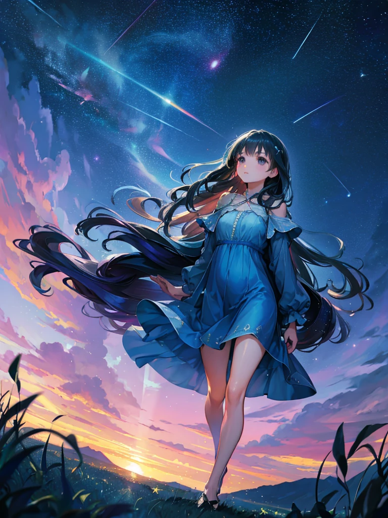 a beautiful woman, looking up at the sky, long hair, wearing a knee-length dress, fluttering in the breeze, before dawn, starry skies, The Big Dipper shines, spectacular views