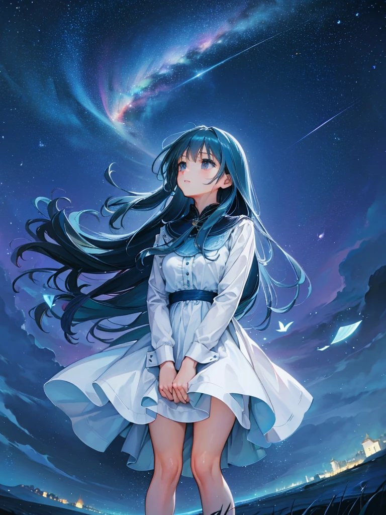 a beautiful woman, looking up at the sky, long hair, wearing a knee-length dress, fluttering in the breeze, before dawn, starry skies, The Big Dipper shines, spectacular views