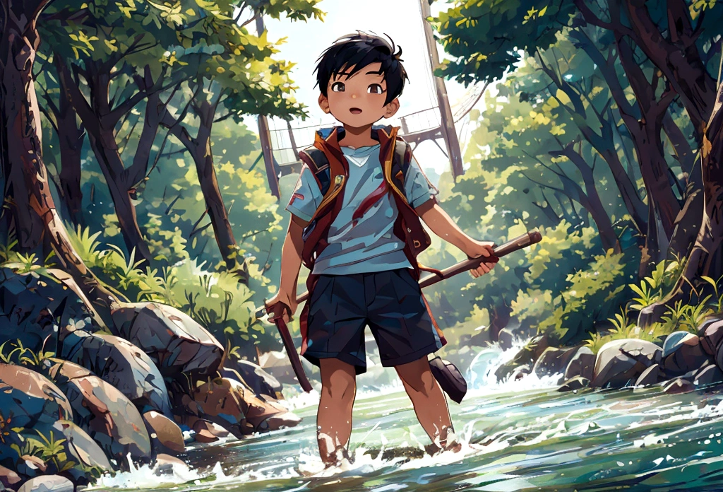 asian, boy, 15-year-old, background is river, playing river,