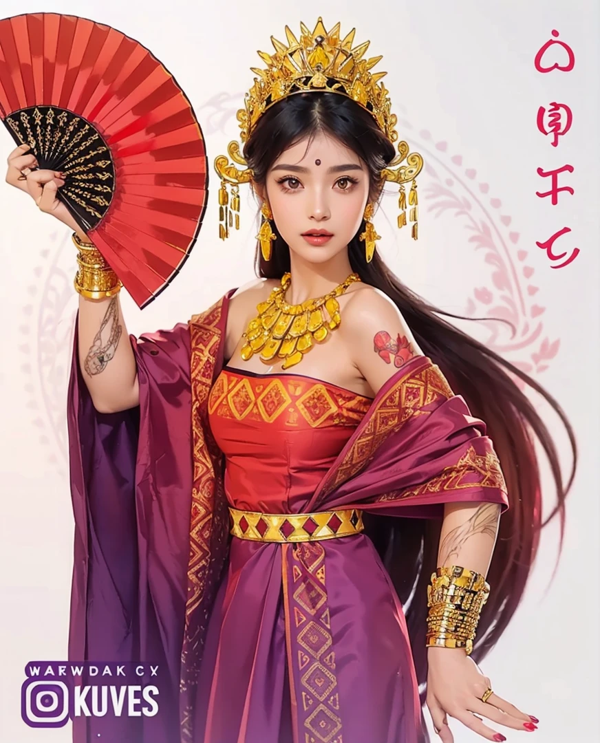 Beautiful girl, black hair, brown eyes, wearing gold crown, wearing gold necklace,( wearing yellow, red, and purple clothes), holding red fan, red tattoo on her body