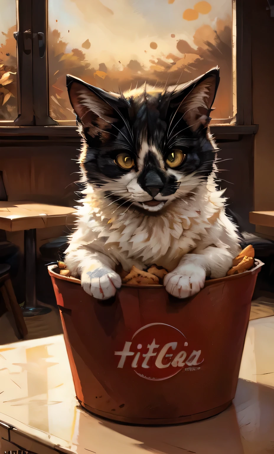Leo, feral, black and white cat, fluffy, yellow cat eyes, cute cat, by kenket, inside of a kfc, smiling, happy, surrounded by fried chicken, in a kfc restaurant, popping out of a kfc bucket