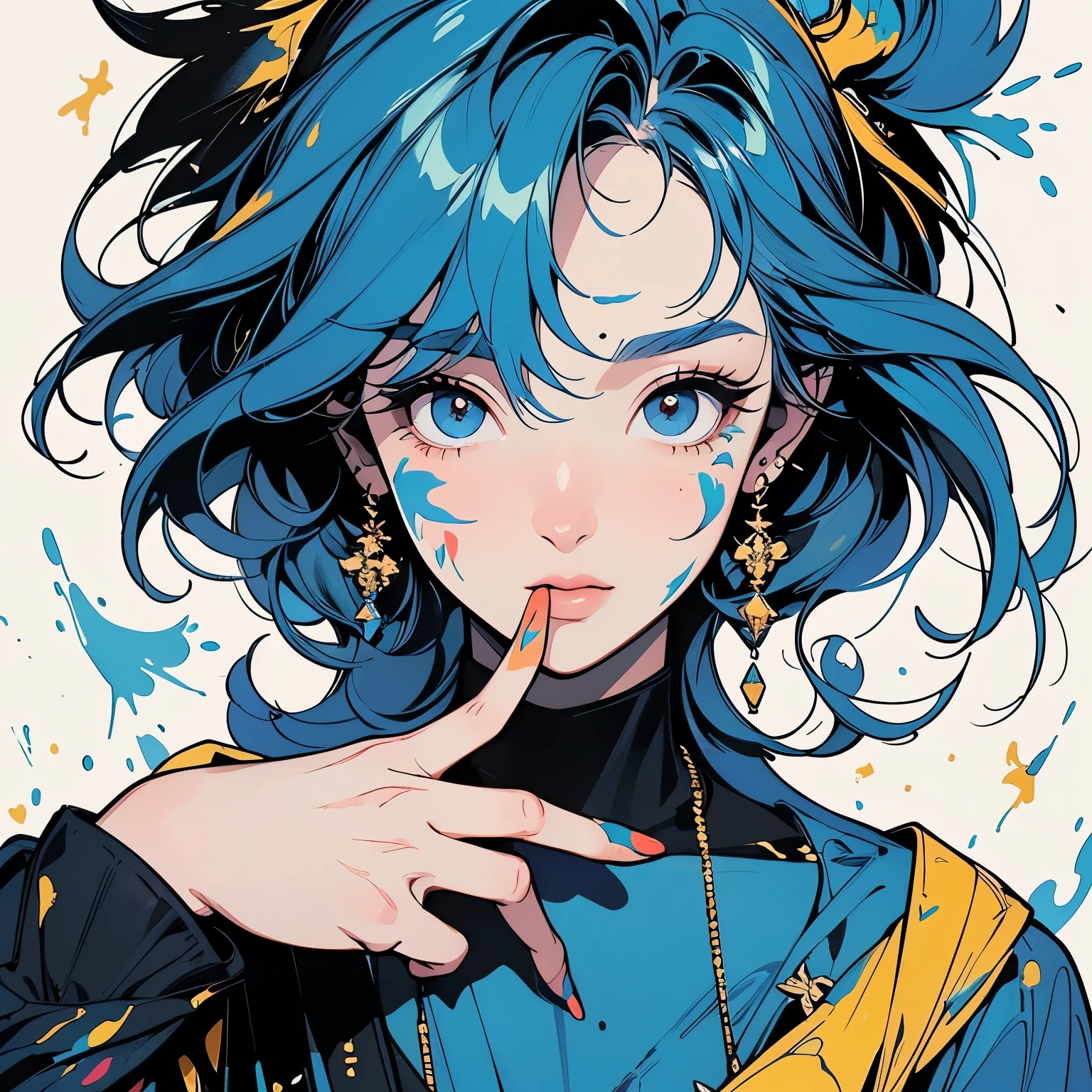 (((Beautiful bird with One Woman))), (((A very large parrot on your shoulder))), wonderful, Very detailedな face and eyes, Dripping Paint, (((Perfect bird))), Complex, wonderful, wonderful, Gold leaf trim, magic, Masterpiece Painting, Very detailedな, Fascinating, Fascinatingな, intense, Scattered Light, Built using the Golden Ratio, Awards, Perfect composition, Ultra HD, 8K, Realistic, Very detailed, One Woman, ((Place your index finger over your mouth))),(((Perfect Fingers)),(((Perfect hands)), Black background, (((Splattering colorful paint))),pale blue hair
