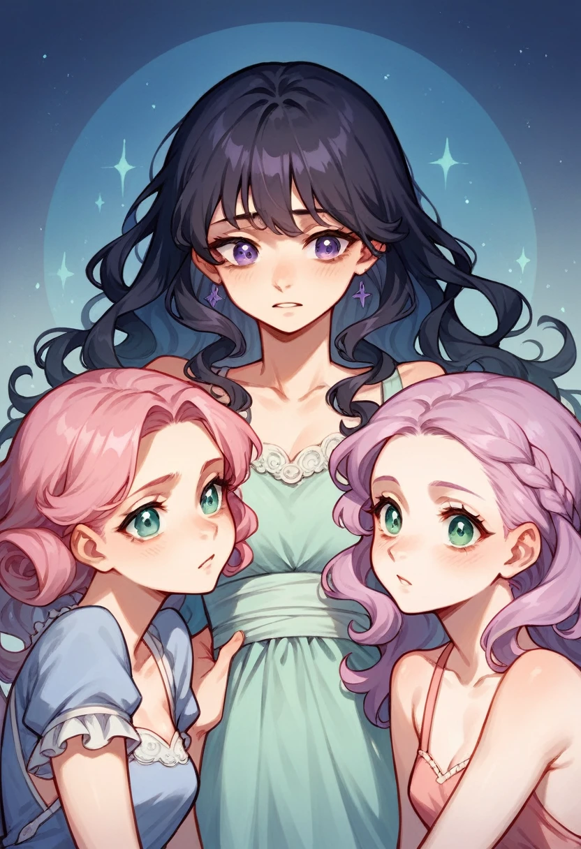 lesbian threesome, long black hair purple eyes woman with big tits, long wavy washed pink hair green eyes woman with small breasts, medium lenght wavy lilac hair woman with lilac eyes, 3 women, about to sleep, night gowns