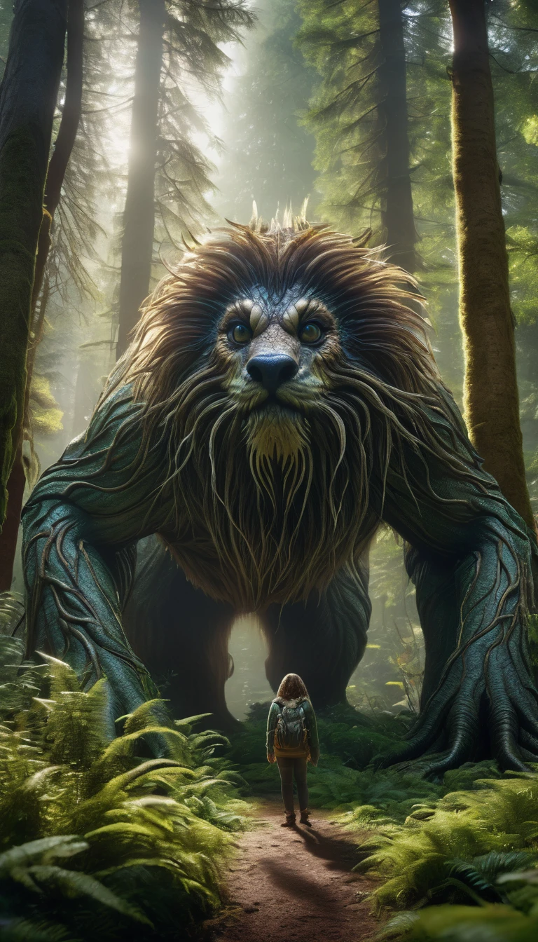 Panoramic front view,There is a creature in the forest,Human-like appearance,Full of hair(best quality,4K,8K,High level,masterpiece:1.2),Ultra Detailed,(lifelike,Photo real,Photo real:1.37),Highly detailed animals,Complex patterns,Realistic lighting,Fantasy Creatures