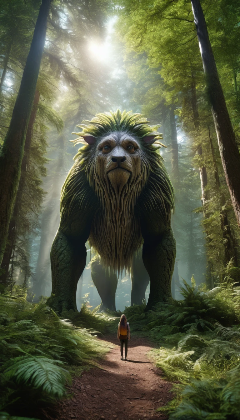 Panoramic front view，There is a creature in the forest，Human-like appearance，Full of hair（best quality，4K，8K，High level，masterpiece：1.2），Ultra Detailed，（lifelike，Photo real，Photo real：1.37），Highly detailed animals，Complex patterns，Realistic lighting，Fantasy Creatures