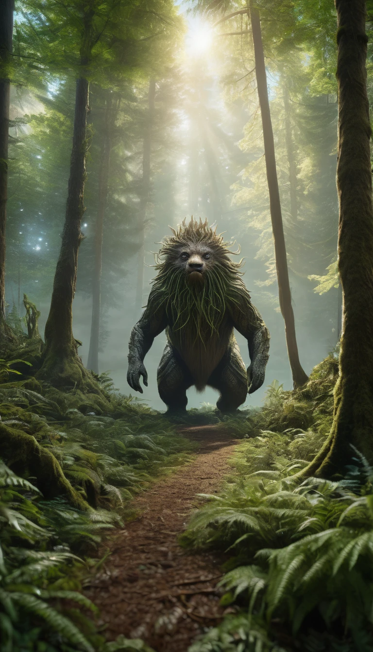 Panoramic front view,There is a creature in the forest,Human-like appearance,Full of hair(best quality,4K,8K,High level,masterpiece:1.2),Ultra Detailed,(lifelike,Photo real,Photo real:1.37),Highly detailed animals,Complex patterns,Realistic lighting,Fantasy Creatures