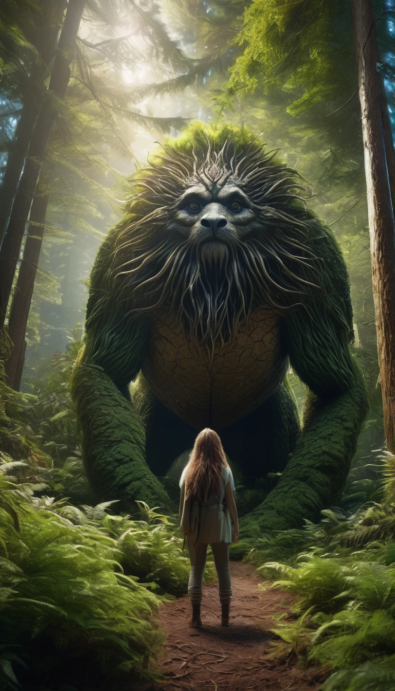 Panoramic front view,There is a creature in the forest,Human-like appearance,Full of hair(best quality,4K,8K,High level,masterpiece:1.2),Ultra Detailed,(lifelike,Photo real,Photo real:1.37),Highly detailed animals,Complex patterns,Realistic lighting,Fantasy Creatures