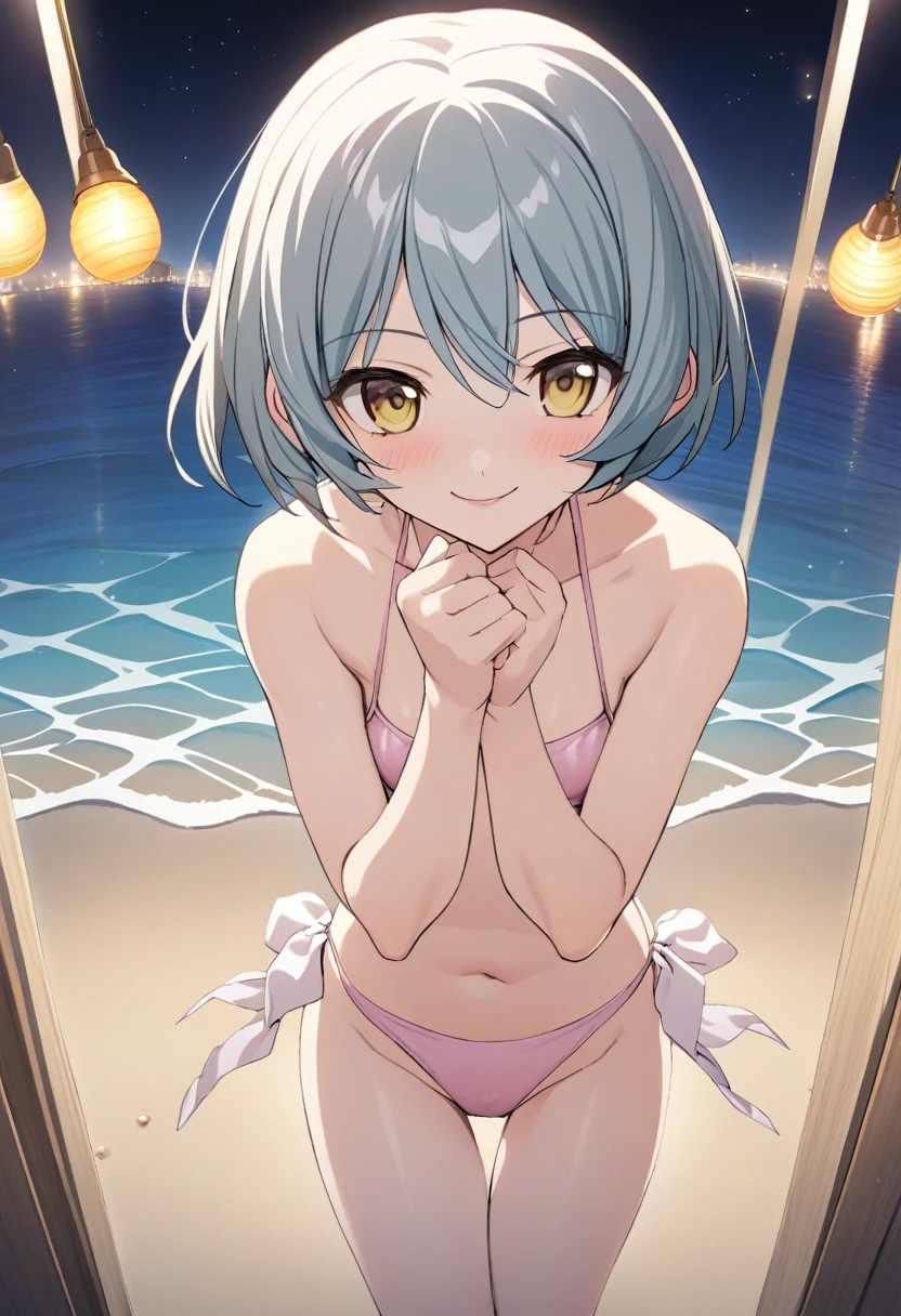 One girl,Kaoru、Gentle expression、smile、Welcome、Sexy pose、Pastel-colored sexy swimsuit、nsfw,Ocean、beach、night、Illuminated by lights、Nesobering、from above,A complete depiction of the human body、masterpiece, Highest quality, Game CG, ultra detailed、highres、extremely detailed CG