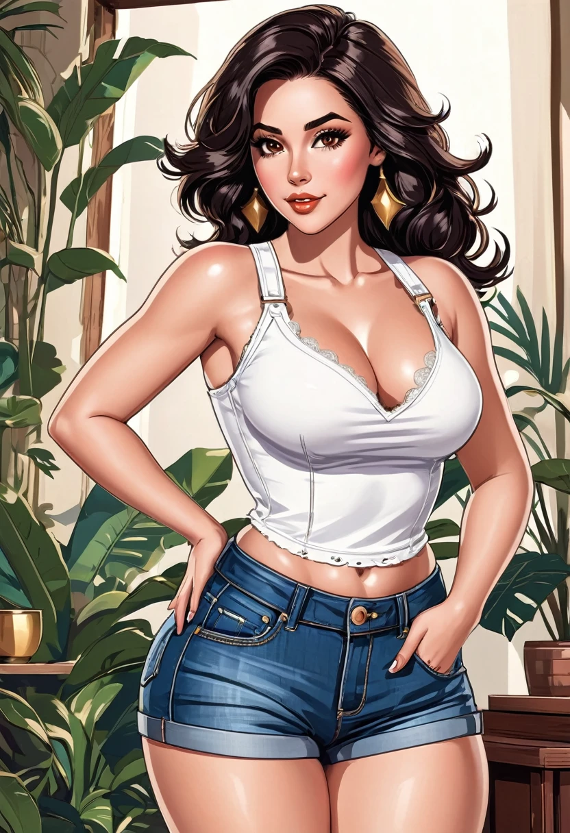 ((best qualityer)) beautiful woman in denim shorts and white tank top posing for a photo, beauty shot jeans , inverted triangle body type, Bela , mulher de corpo inteiro, wearing denim shorts, beautiful charming woman, wavy black hair, honey brown eyes, hourglass figure, cartoon vector style, corpo pin-up, Broad Hips, voluptuous woman, charming woman