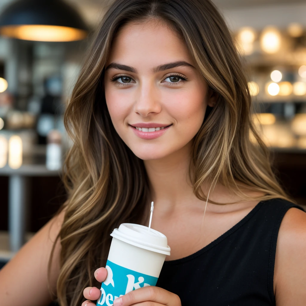 young girl, natural dark blonde highlights, (in a café drinking soda), Very detailed, 22 ans, visage innocent, 32D breast, wearing a black dress, natural wavy hair, yeux bleus, High resolution, masterpiece, Best quality, intricate high detail, highly detailed, mise au point nette, detailed skin, realistic skin texture, texture, detailled eyes, professionnel, 4K, sourire charmant, filmed on Canon, 85 mm, faible profondeur de champ, Couleur Kodak Vision, perfect fit body, Extremely detailed, photographier_\(ultra\), photoreallistic, Realstic, Post-traitement, Maximum details, roughness, real life, ultra realist, photorealism, photographie, 8K UHD, photographie