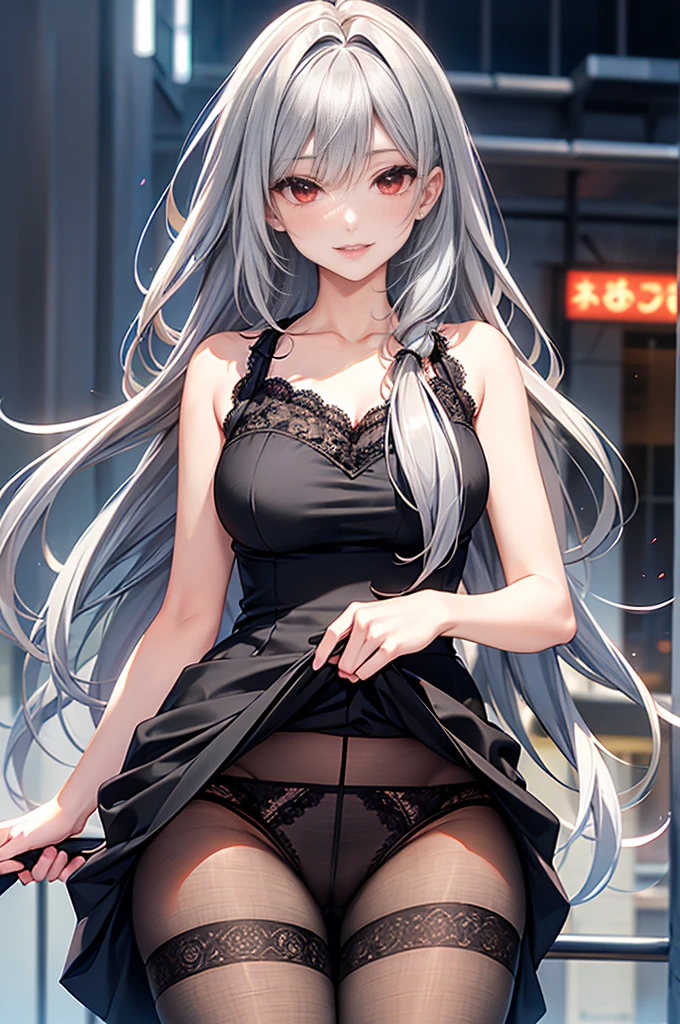 (Detailed face, Beautiful Eyes, 8K壁紙, Very detailed, beautifully、Beautiful appearance, 16K, 8K, 超High resolution, Soft lighting, Visual Key, High resolution, Highest quality, masterpiece, Digital Illustration, Only a perfectly Detailed face, (In the city, Background City), (software, full length), (Happy), ((Red eyes, 1 Girl )),(Gray Hair), black dress, lace thong, slender, panties under pantyhose,