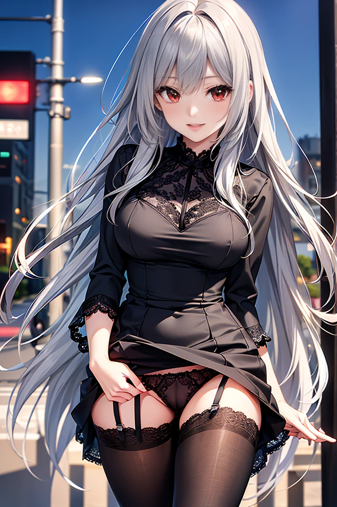 (Detailed face, Beautiful Eyes, 8K壁紙, Very detailed, beautifully、Beautiful appearance, 16K, 8K, 超High resolution, Soft lighting, Visual Key, High resolution, Highest quality, masterpiece, Digital Illustration, Only a perfectly Detailed face, (In the city, Background City), (software, full length), (Happy), ((Red eyes, 1 Girl )),(Gray Hair), black dress, lace thong, slender, panties under pantyhose,