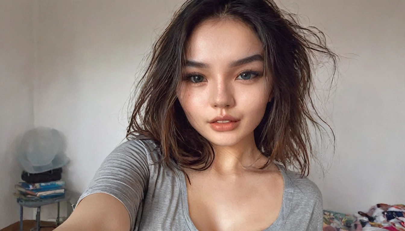 a girl take a selfie with a thin shirt , HIGHRES, clean face, with accurate face, solo, upper body, potrait, close up potrait, portait photo profile picture, REALISTIC , PHOTOREAL, messy hair, open mouth, perfect face, best image, HIGH RESOLUTION