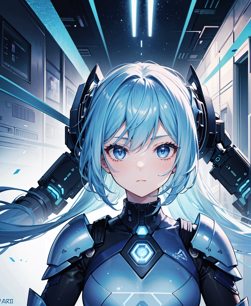 8K, Highest quality, (real:1.4), Original photo, 1 girl, Asari Hair, Biological Amplifier, refined armor, posture: Peace talks between warring factions, smart blue eyes,whole body