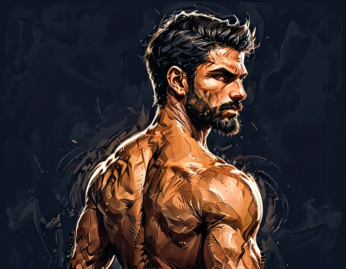 dark blue background,
Man from the back, Adult, Italian, Mesomorph Muscular body, perfect Olive skin, short Muscular neck, Rectangle faces, broad Muscular shoulders, Attached  Cupped Symmetrical Ears,  black short combed back hair, Fleshy nose, Bold Tapered black Eyebrows,  triangular Chin, brown Upturned eyes, Thin nude Lips, Designer Stubble black whiskers, triangular black hair beard, big muscles,       graphic style of novel comics, 2d, 8k, hyperrealism, masterpiece, high resolution, best quality, ultra-detailed, super realistic, Hyperrealistic art, high-quality, ultra high res, highest detailed, lot of details, Extremely high-resolution details, incredibly lifelike, colourful, soft cinematic light,