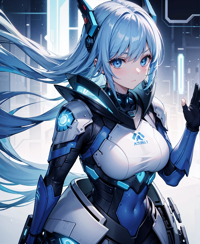 8K, Highest quality, (real:1.4), Original photo, 1 girl, Asari Hair, Biological Amplifier, refined armor, posture: Peace talks between warring factions, smart blue eyes,whole body
