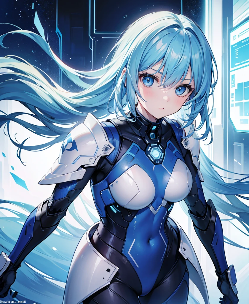8K, Highest quality, (real:1.4), Original photo, 1 girl, Asari Hair, Biological Amplifier, refined armor, posture: Peace talks between warring factions, smart blue eyes,whole body