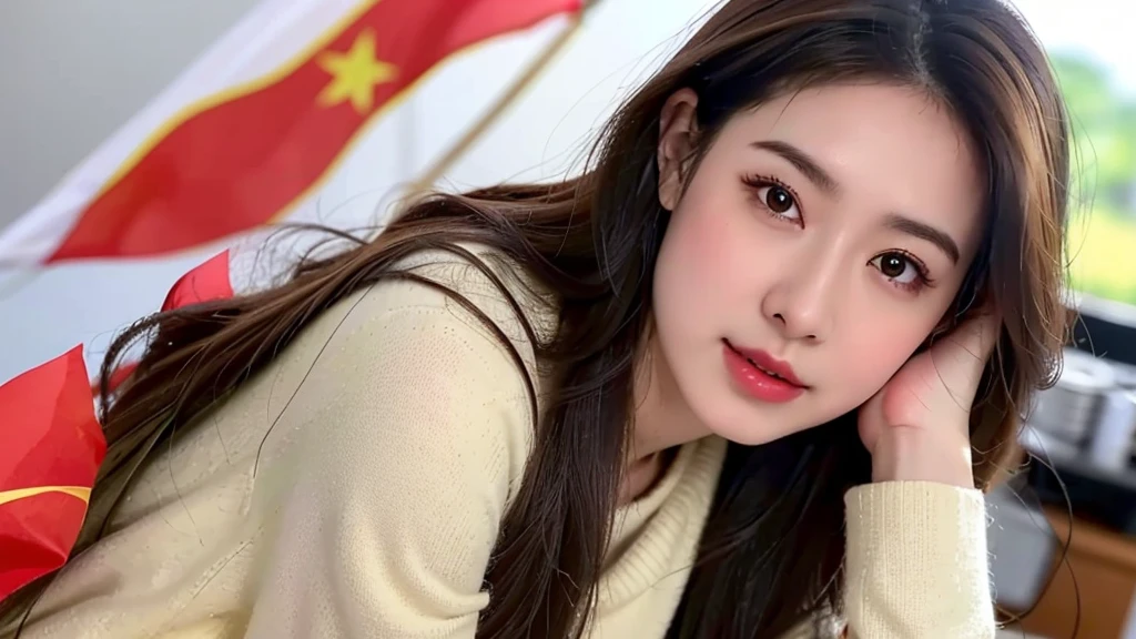 high-definition images, atmospheric perspective, 8k, super detail, accurate, best quality, angle from below, studio portraits shoot ,a woman,drooping eyes, sleepy face, blush, in the studio, model for photoshoot, posing , studio scene, dark , flashlight on , ((bo bc hair)), flags of Viet Nam, Red flag yellow star