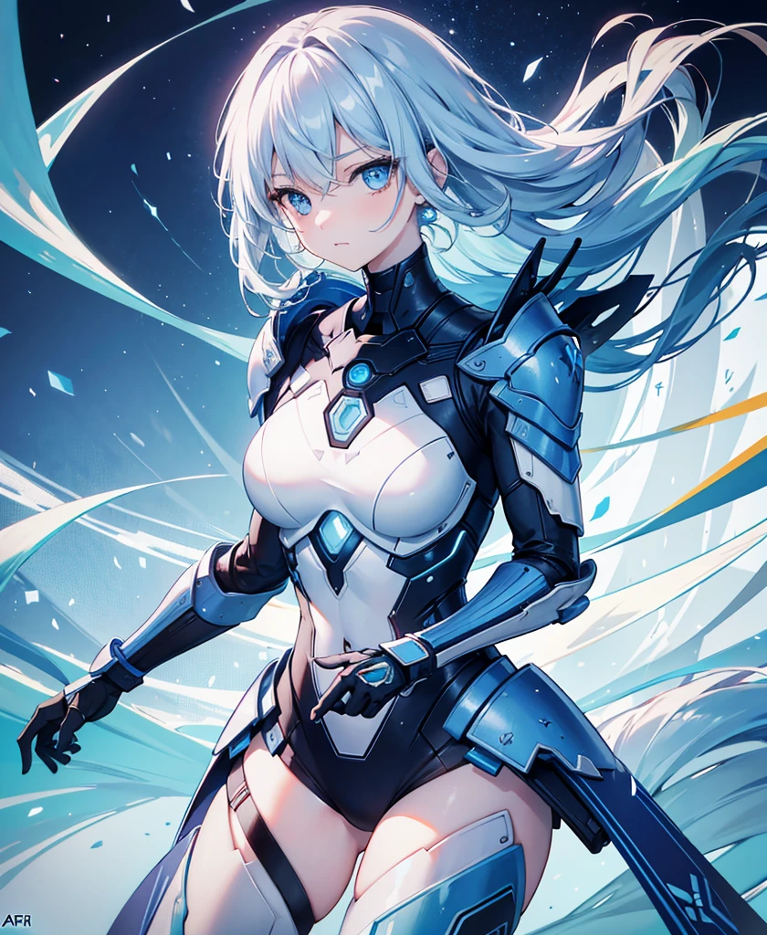 8K, Highest quality, (real:1.4), Original photo, 1 girl, Asari Hair, Biological Amplifier, refined armor, posture: Peace talks between warring factions, smart blue eyes,whole body