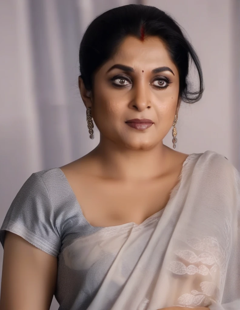 RamyaKrishnan,Classic portrait ultra detailed, soft light, natural light, cinematic light, (depth of field), ideal female form, (((masterpiece, good quality, intricate details, high quality, best quality, 8k, in focus, sharp focus)))intri , design, 4k, cinematic lighting((((big boobs)))) , (((nude body))) 