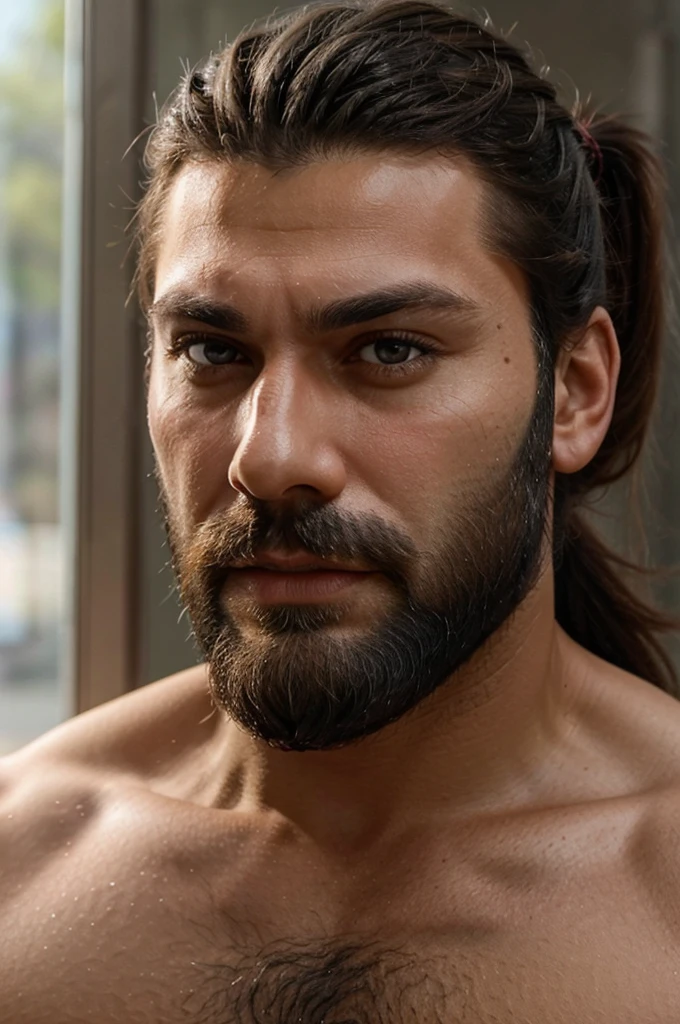 Close-up of the face of a very masculine and muscular man, with thick dark beard, dark eyes, long hair pulled back into a high ponytail