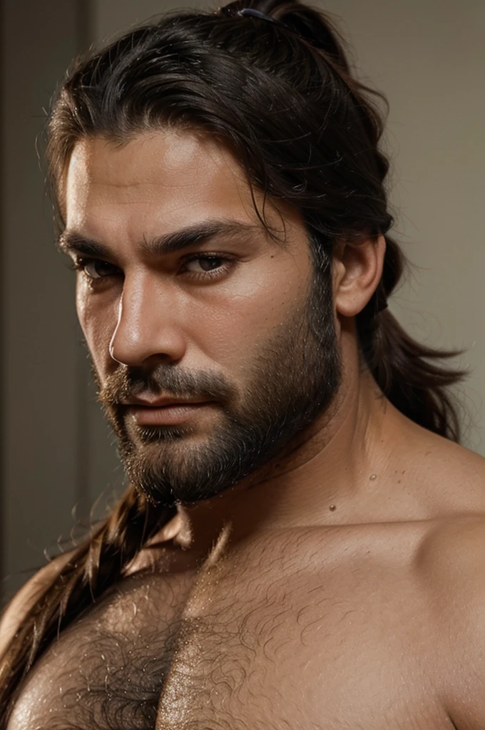 Close-up of the face of a very masculine and muscular man, with thick dark beard, dark eyes, long hair pulled back into a high ponytail