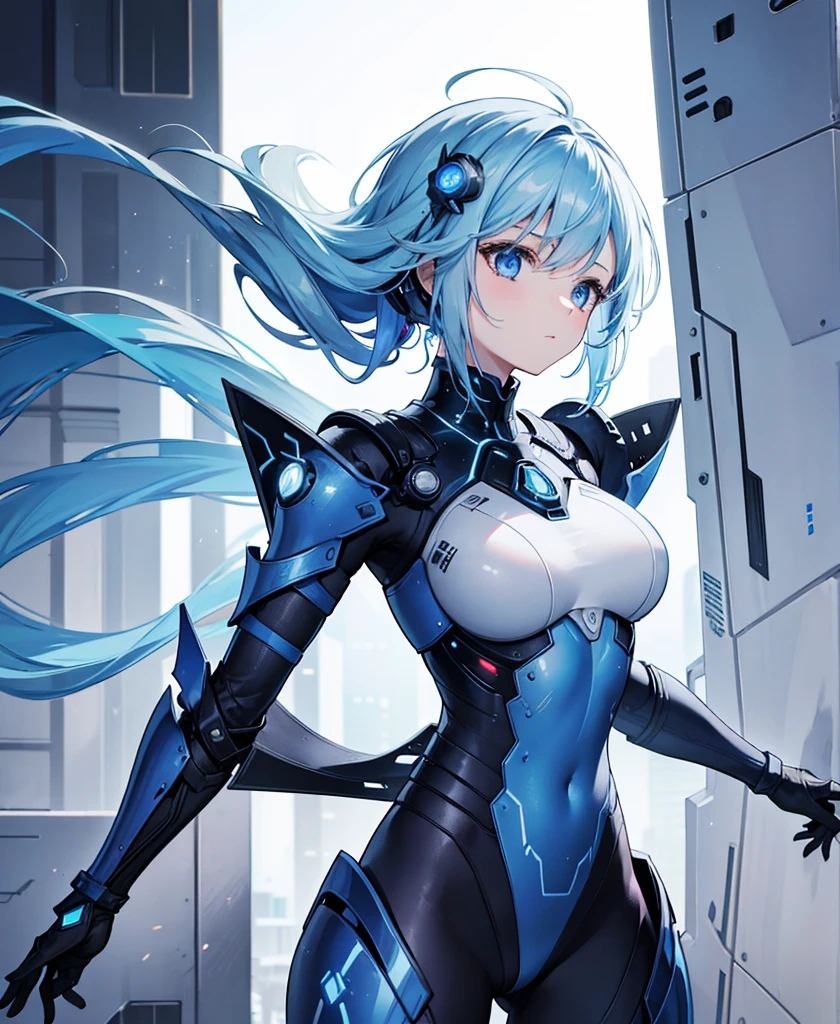 8K, Highest quality, (real:1.4), Original photo, 1 girl, Asari Hair, Biological Amplifier, refined armor, posture: Peace talks between warring factions, smart blue eyes,whole body