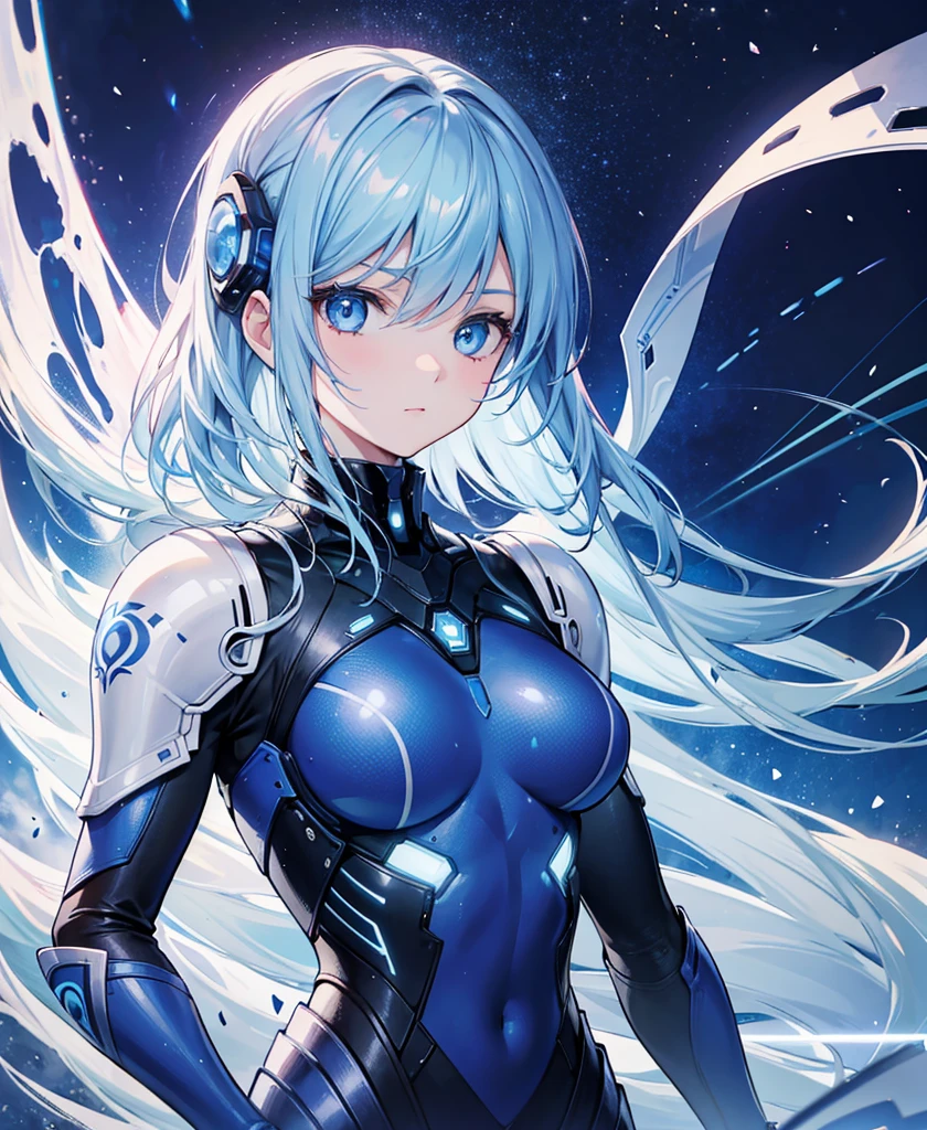 8K, Highest quality, (real:1.4), Original photo, 1 girl, Asari Hair, Biological Amplifier, refined armor, posture: Peace talks between warring factions, smart blue eyes,whole body